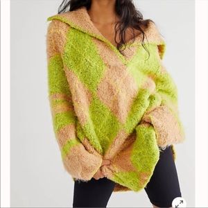 FREE PEOPLE NWOT Tan Lime Green Argyle Academia Soft Fuzzy Oversized Sweater XS
